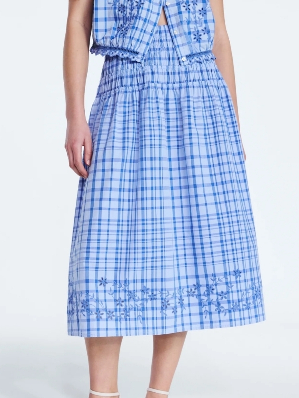 Light Blue Plaid Maxi Skirt with Embroidered Hem